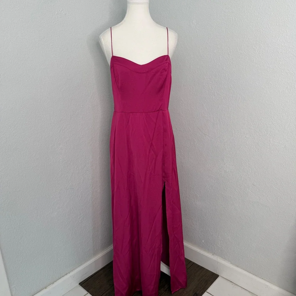 Abercrombie & Fitch Magenta Camille high slit Satin Maxi Dress Size M Sweetheart